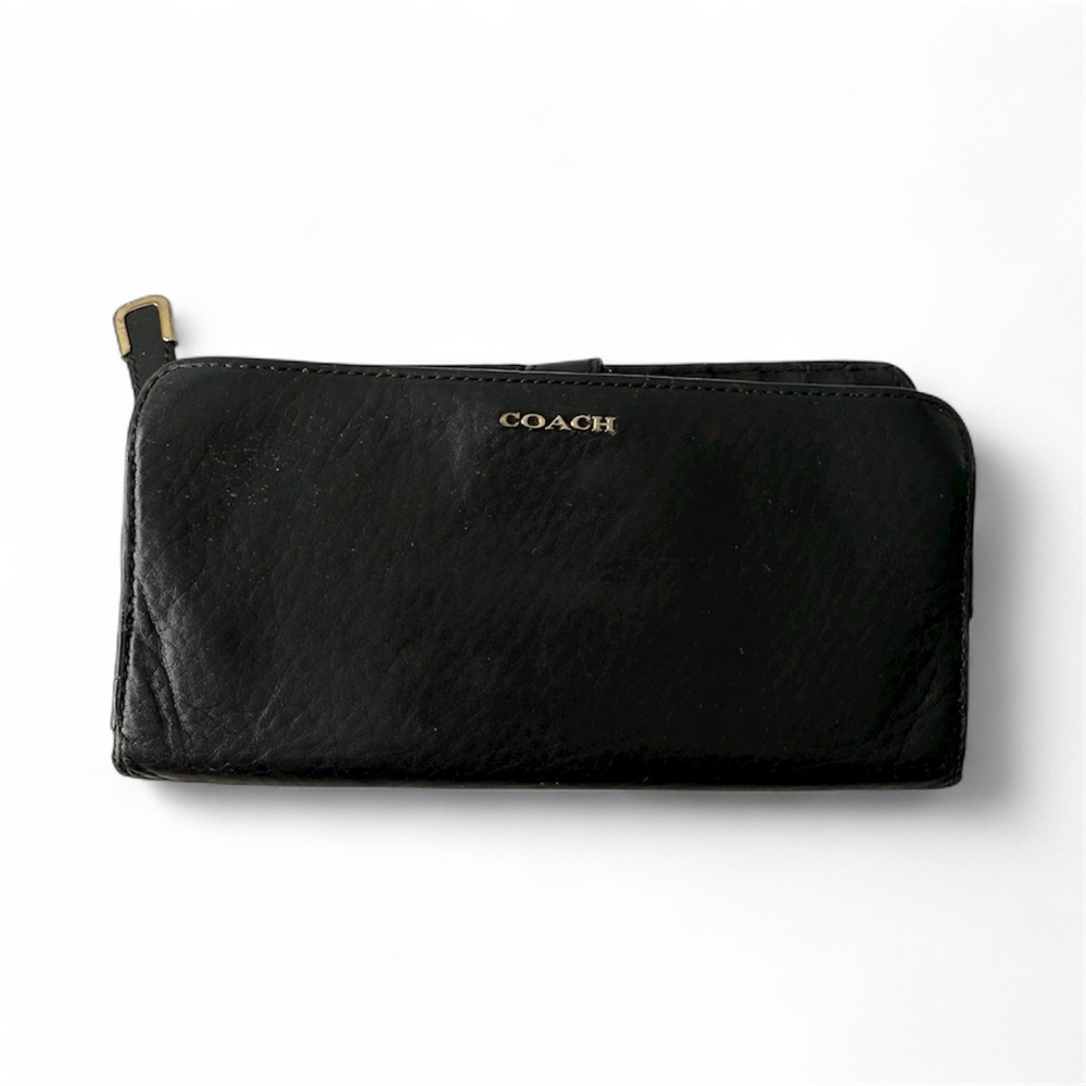 Vintage Coach Black Leather Continental Wallet – Gold Logo, Zip Coin Pocket
